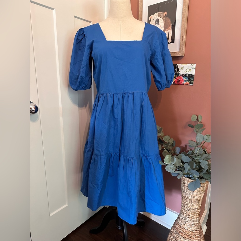 NWOT Maude Vivante Aria midi Royal blue L puff sleeve tiered 100% cotton dress - Picture 14 of 15